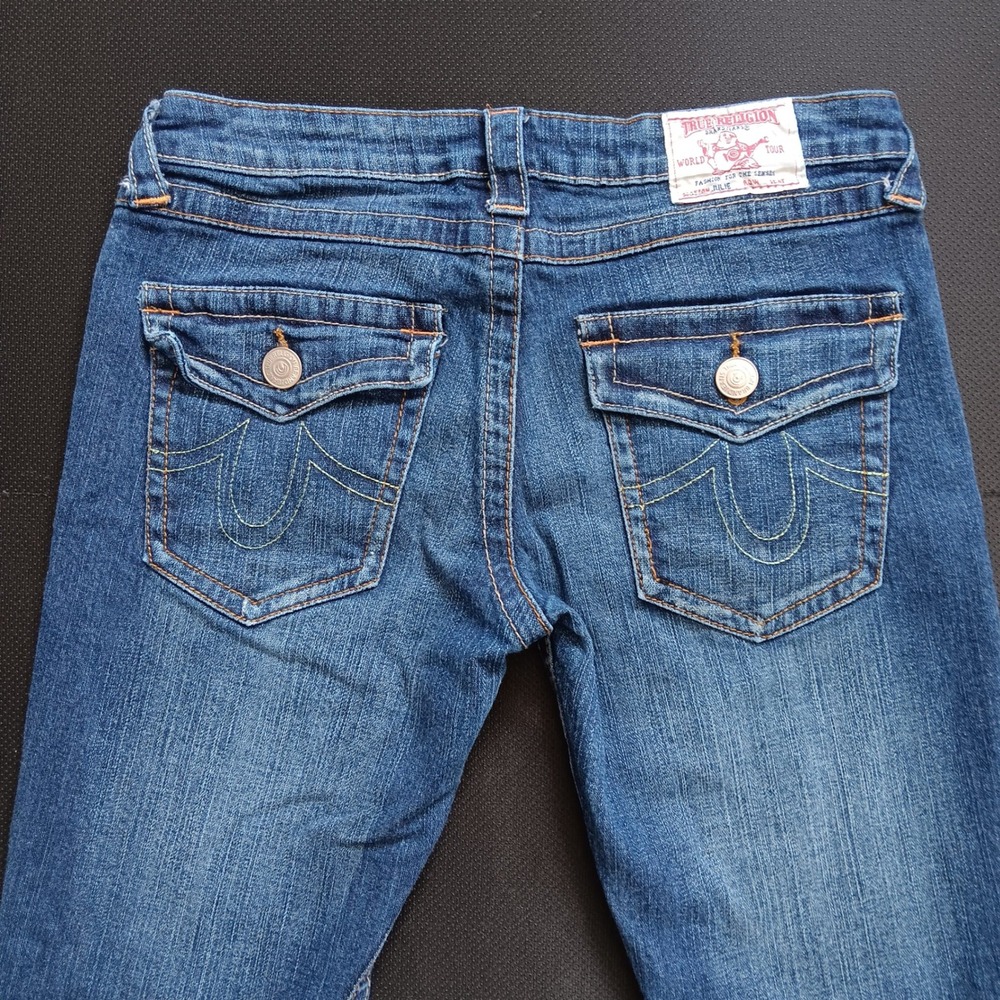 True Religion Julie Flare Jeans Womens 28 Blue Excellent Flap Pocket Low Rise
